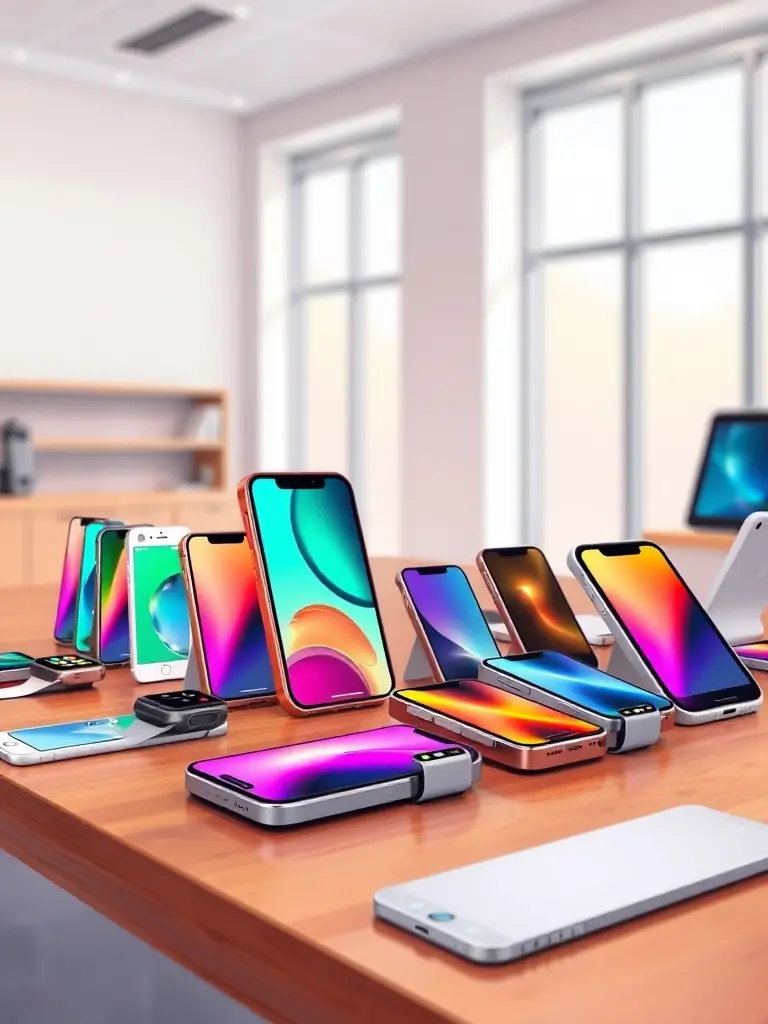 A group of refurbished iPhones, Apple Watches, and iPads, all neatly arranged on a table, showcasing the variety of products available for wholesale distribution.