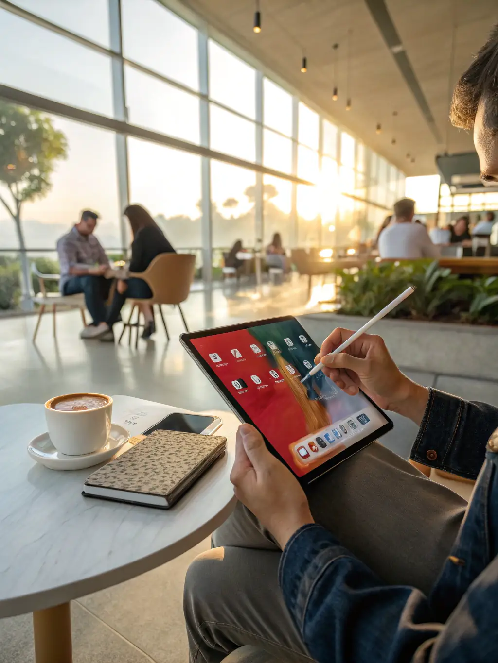 A photo of a used iPad Air, displaying a vibrant and clear screen, with a focus on its slim design and portability, set in a modern office environment.