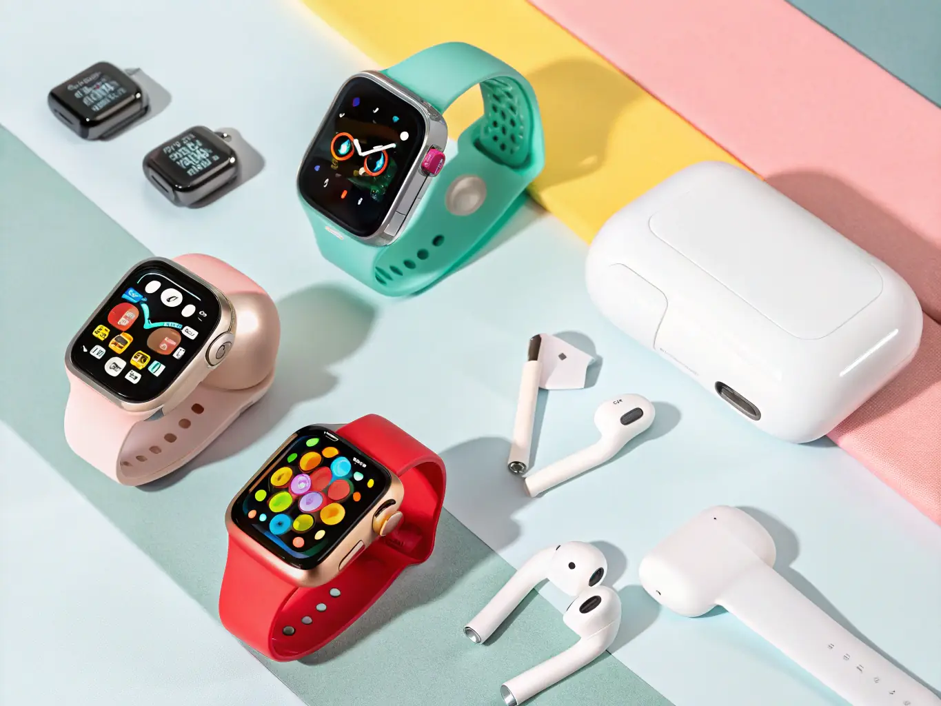 A colorful display of various Apple Watch models with vibrant straps and screens, emphasizing quality and style.