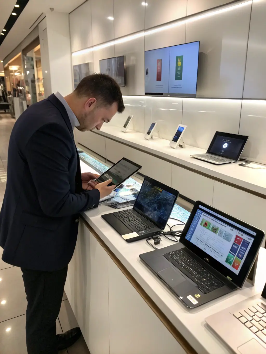 A group of diverse professionals inspecting and testing refurbished iPhones in a modern, colorful facility, emphasizing the quality control process.